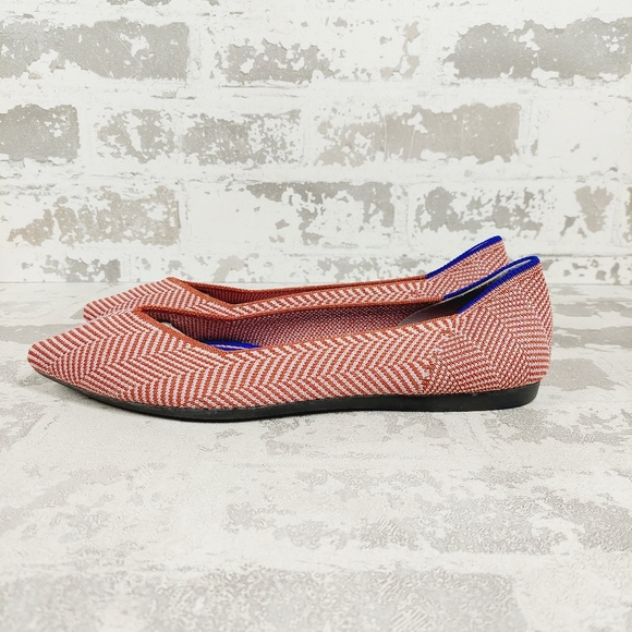 New Rothy's The Flat Red/White Knit Pointy Toe Slip On Stripe Loafers E777